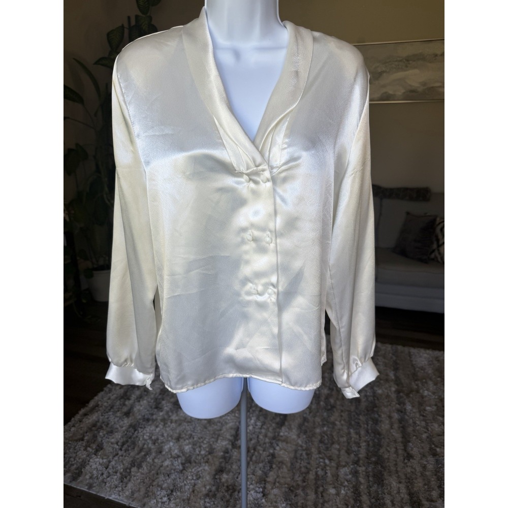 Vintage Van Horne Satin Blouse Size 10 Ivory Tuxedo USA MADE